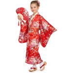 Costum Japonez Gheisa rosu cu flori pentru Fete – Kimono rosu cu Imprimeu Floral si Centura Obi