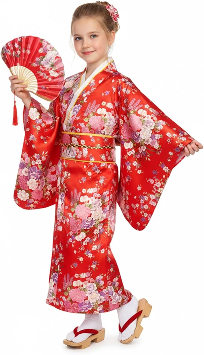 71c7rKoUgbL._AC_SX679_ Costum Japonez Gheisa rosu cu flori pentru Fete – Kimono rosu cu Imprimeu Floral si Centura Obi - imagine 1