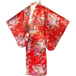 Costum Japonez Gheisa rosu cu flori pentru Fete – Kimono rosu cu Imprimeu Floral si Centura Obi - imagine 7