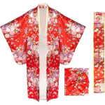 Costum Japonez Gheisa rosu cu flori pentru Fete – Kimono rosu cu Imprimeu Floral si Centura Obi - imagine 4