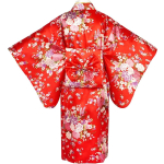 Costum Japonez Gheisa rosu cu flori pentru Fete – Kimono rosu cu Imprimeu Floral si Centura Obi - imagine 2