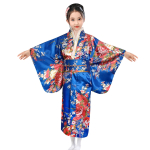 Costum Japonez Gheisa albastru cu rosu pentru Fete – Kimono Albastru cu Imprimeu Floral si Centura Obi - imagine 4
