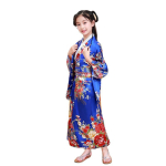 Costum Japonez Gheisa albastru cu rosu pentru Fete – Kimono Albastru cu Imprimeu Floral si Centura Obi - imagine 7