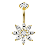 Piercing pentru buric din Titan ASTM F136, auriu, cu cristale zirconia, model floare stralucitoare– 1.6 × 10 mm - imagine 3