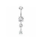 Piercing pentru buric din Titan ASTM F136, argintiu, cu cristale zirconia, model cascada cu picatura– 1.6 × 10 mm