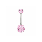 Piercing pentru buric din Titan ASTM F136, argintiu, cu cristale zirconia roz, model dublu cristal– 1.6 × 10 mm