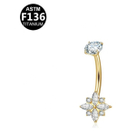 Piercing pentru buric din Titan ASTM F136, auriu, cu cristale zirconia, model floare stelara– 1.6 × 10 mm - imagine 4