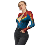 Costum Captain Marvel Femei, Body Supereroina Rosu-Albastru cu Stea Aurie si Maneci Lungi - imagine 6