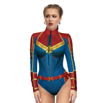 Costum Captain Marvel Femei, Body Supereroina Rosu-Albastru cu Stea Aurie si Maneci Lungi - imagine 4