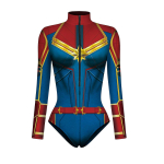 Costum Captain Marvel Femei, Body Supereroina Rosu-Albastru cu Stea Aurie si Maneci Lungi - imagine 3