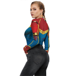 Costum Captain Marvel Femei, Body Supereroina Rosu-Albastru cu Stea Aurie si Maneci Lungi - imagine 2