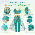 Costum Printesa Jasmine, turcoaz cu paiete aurii,  set pentru fete - imagine 2