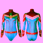 Costum Captain Marvel Femei, Body Supereroina Rosu-Albastru cu Stea Aurie si Maneci Lungi