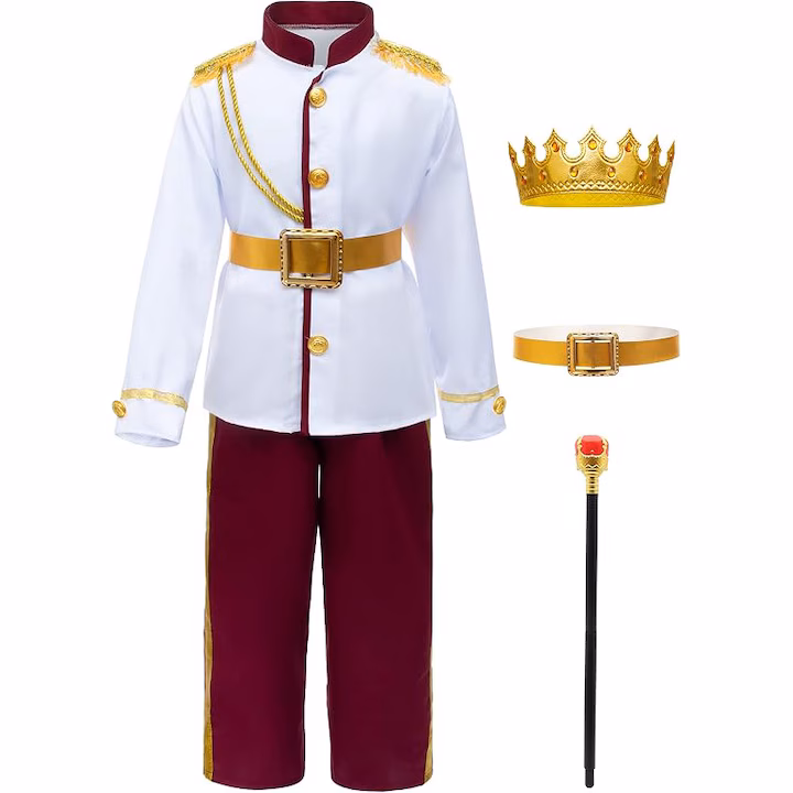 res_1822fc04a0209155a4c520677b3fd48c Costum Print Regal pentru Copii, Uniforma Alba cu Pantaloni Visinii, Coroana, Sceptru si Centura - imagine 1