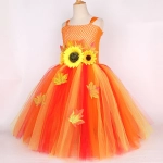 Costum Fete Zana Toamnei – Rochie Portocalie cu Floarea-Soarelui si Bentita
