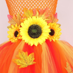 Costum Fete Zana Toamnei – Rochie Portocalie cu Floarea-Soarelui si Bentita - imagine 4