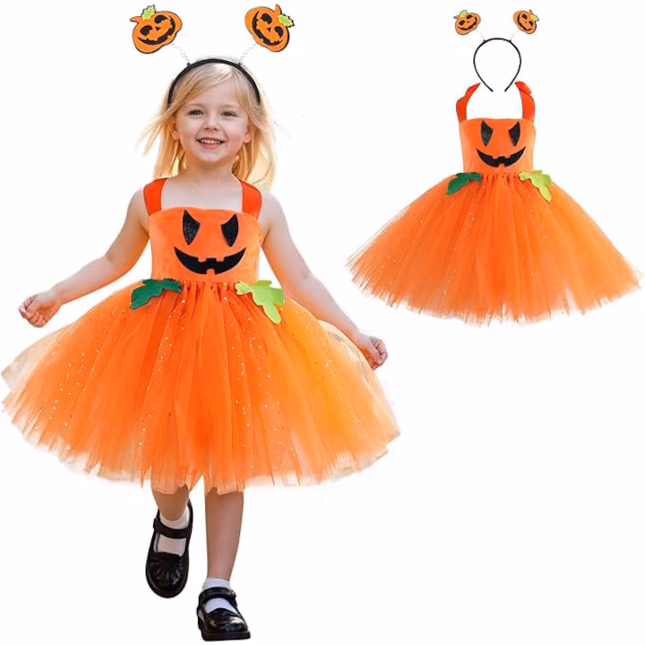 res_d36ad02d0b962794c8726fb4a0c0092f Costum Halloween Fete Dovleac Fermecat – Rochie Portocalie cu Tulle si Bentita - imagine 1