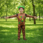 Costum Copac pentru Copii, Salopeta Maro cu Frunze si Coronita Verde, Serbare si Carnaval - imagine 2