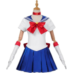 Costum Sailor Moon – Uniforma Anime Alb-Albastru cu Funde Rosii, Tiara si Manusi - imagine 4