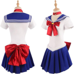 Costum Sailor Moon – Uniforma Anime Alb-Albastru cu Funde Rosii, Tiara si Manusi - imagine 5
