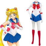 Costum Sailor Moon – Uniforma Anime Alb-Albastru cu Funde Rosii, Tiara si Manusi